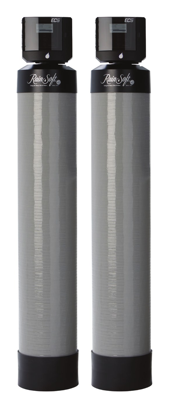RainSoft EC5 OxyTech whole-house water filtration system — the two grey filter tanks with black EC5 control heads