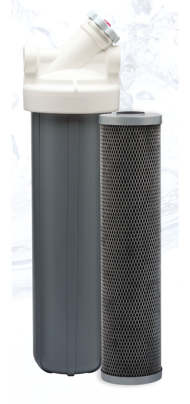 RainSoft UltreFlo Protect PFAS filtration system — grey slim-line filter housing with white cap and bypass, shown beside its carbon block cartridge